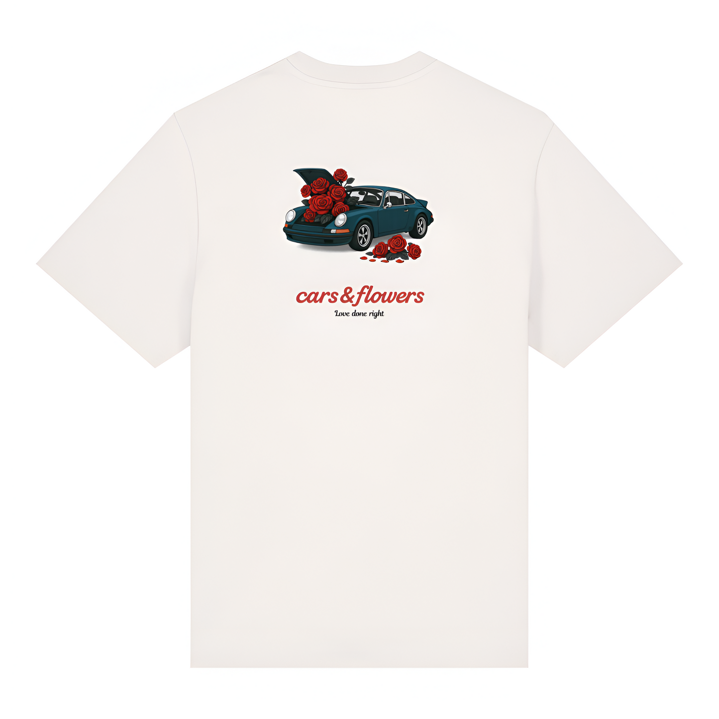 White t-shirt with a graphic of a classic porsche 911 car and flowers