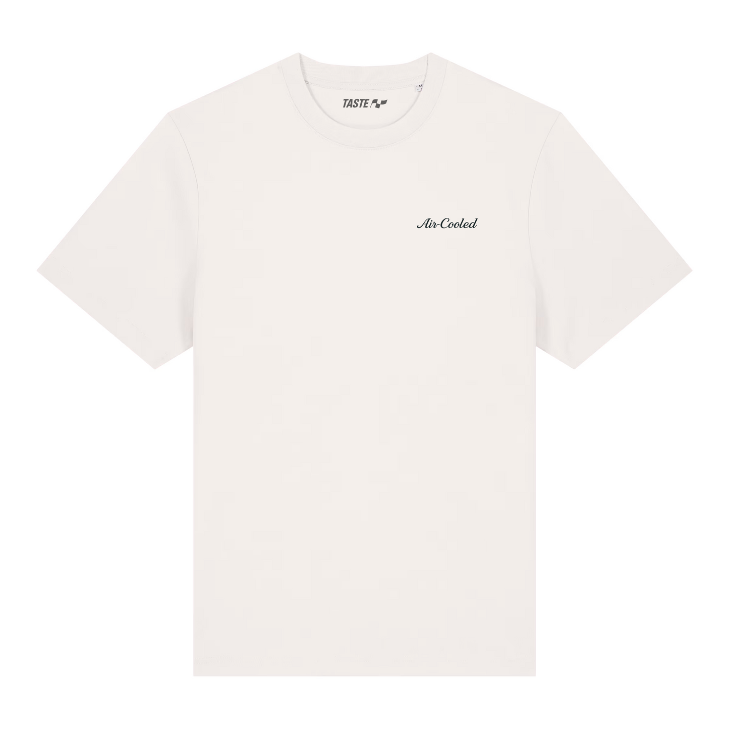 White t-shirt with black text on a white background