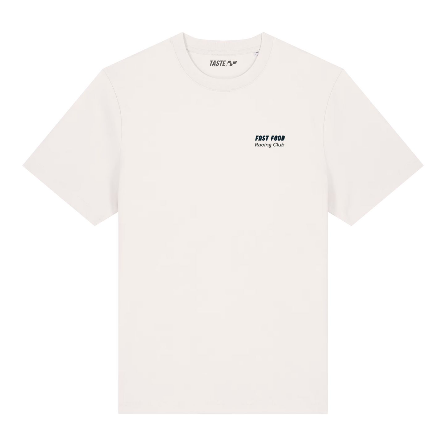 White t-shirt with black text on a white background
