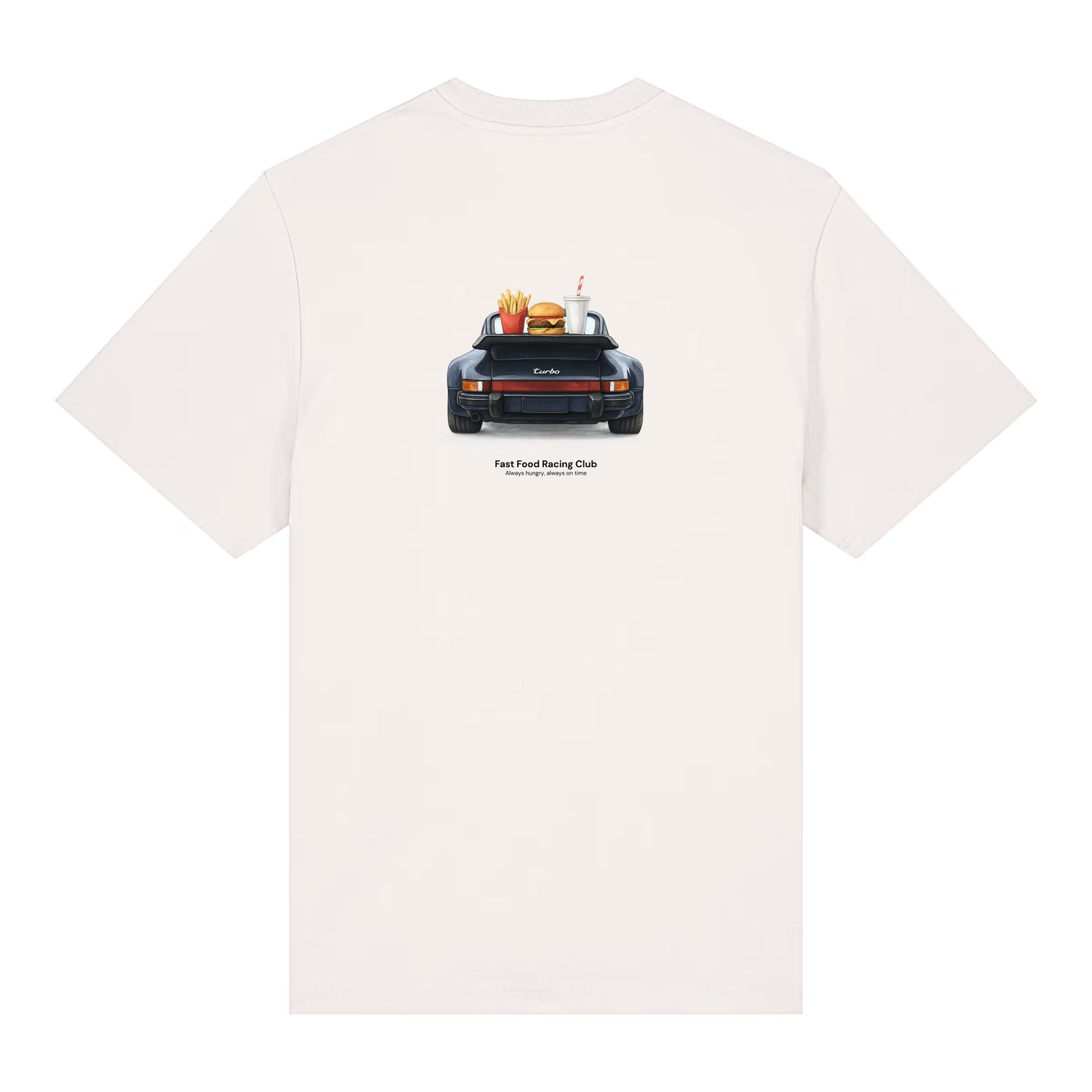 White t-shirt with a classic porsche 911 turbo car and fast food graphic