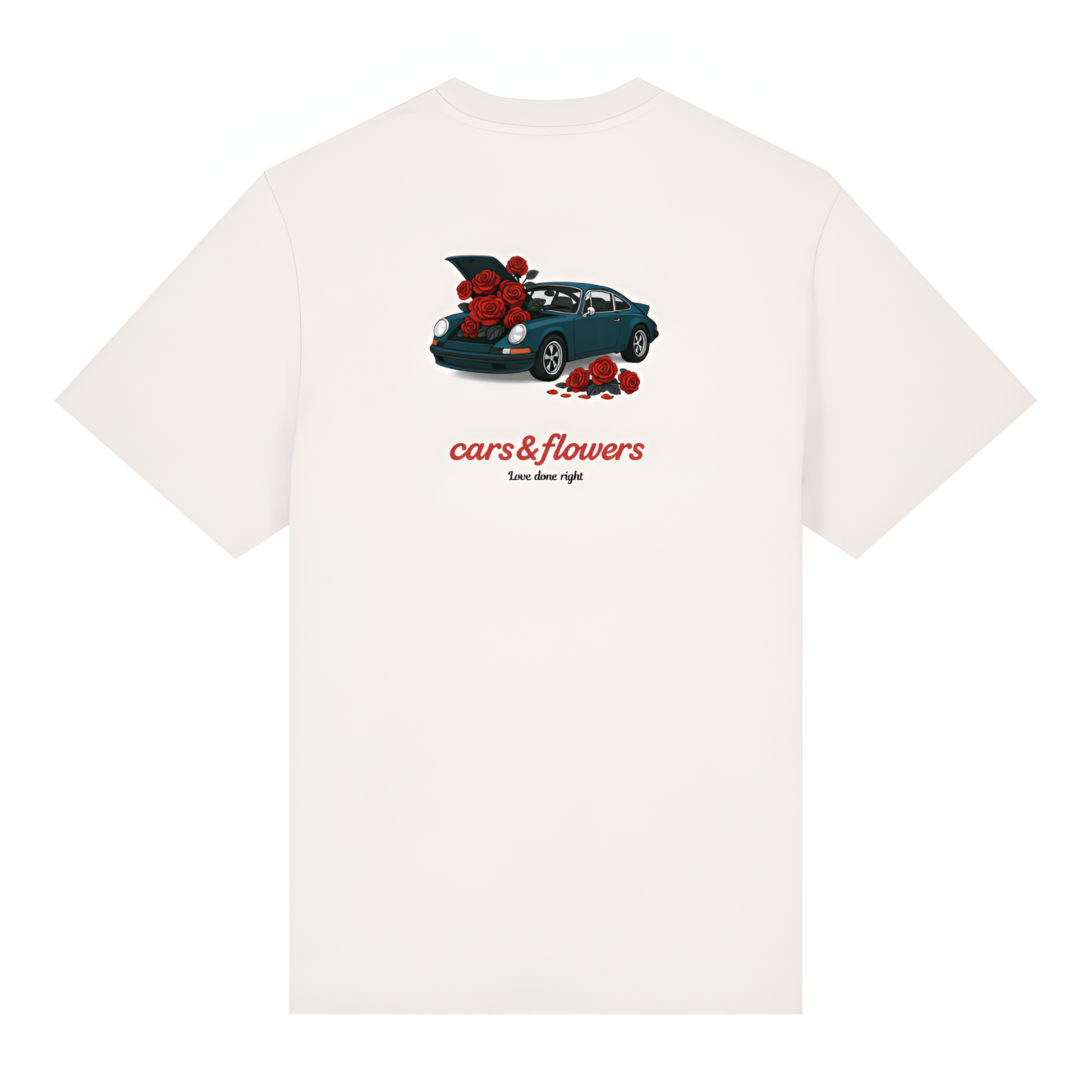 White t-shirt with a graphic of a classic porsche 911 car and flowers