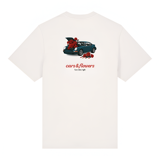 White t-shirt with a graphic of a classic porsche 911 car and flowers