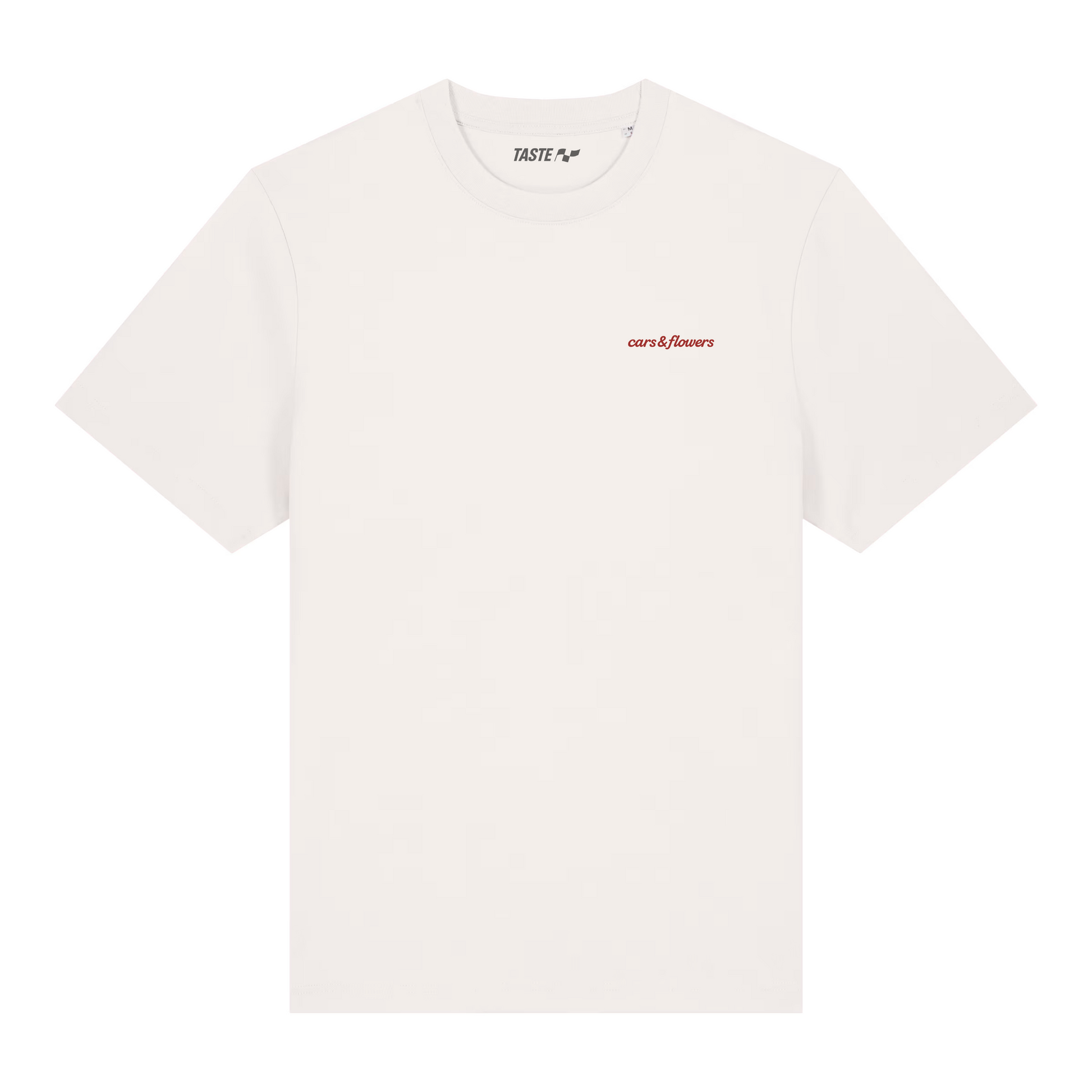 White t-shirt with simple red text